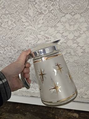Vintage Frosted Glass Starburst Pitcher Chrome Lid MCM